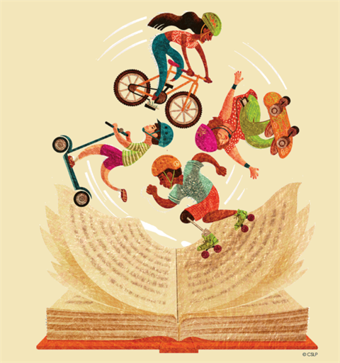 An illustration of children skating and biking across an open book's pages